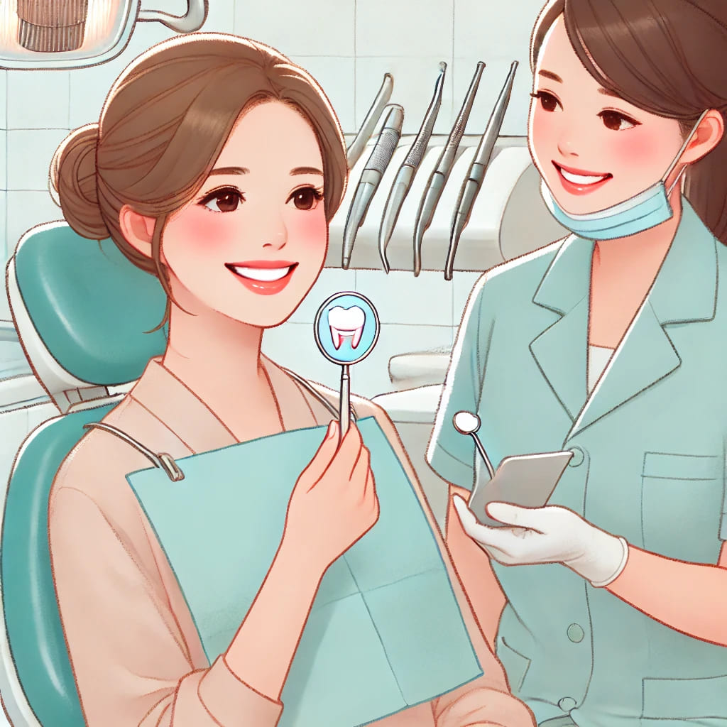 ホワイトニング施術後、白くなった歯を見て笑う女性