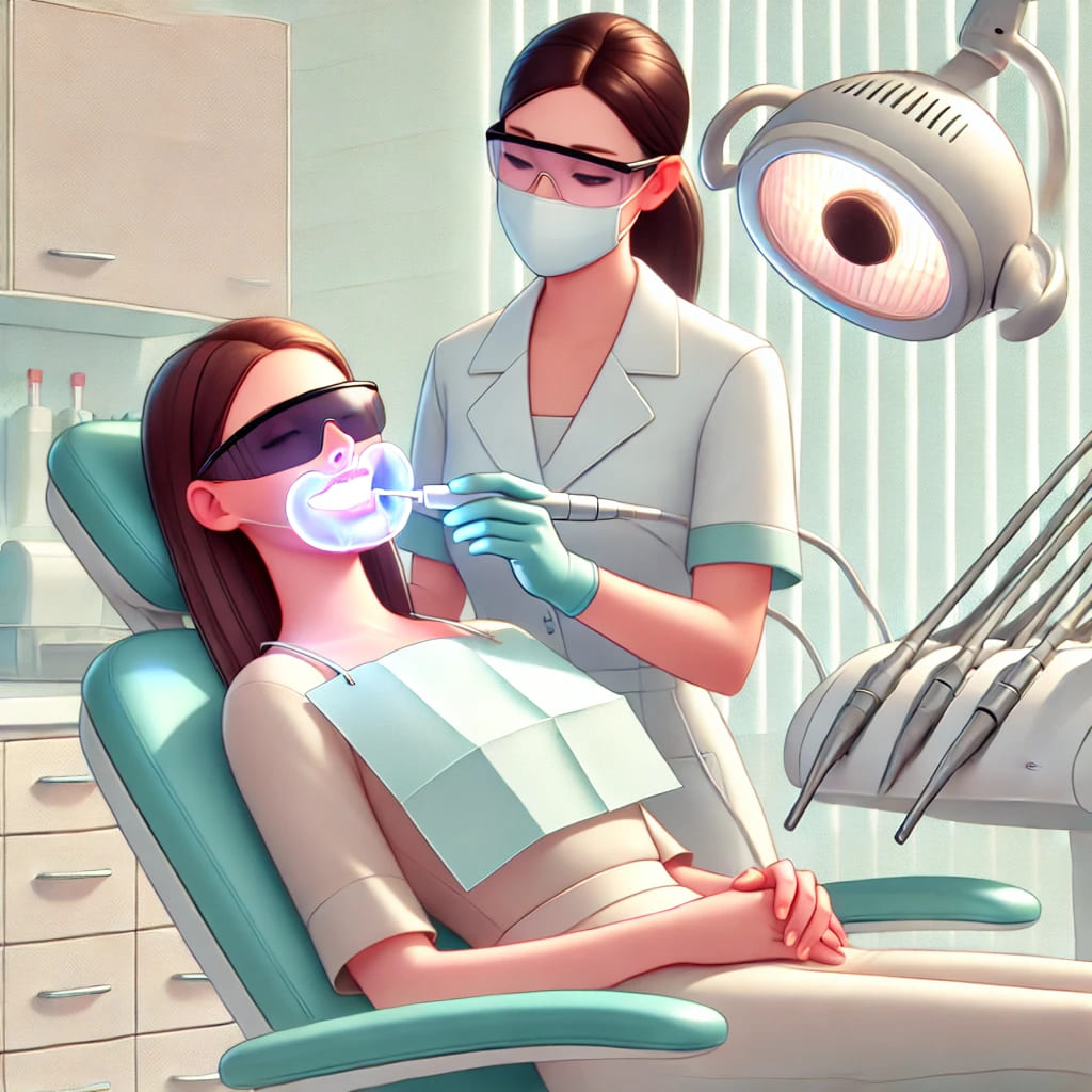 オフィスホワイトニング施術中の歯科医師と患者の女性