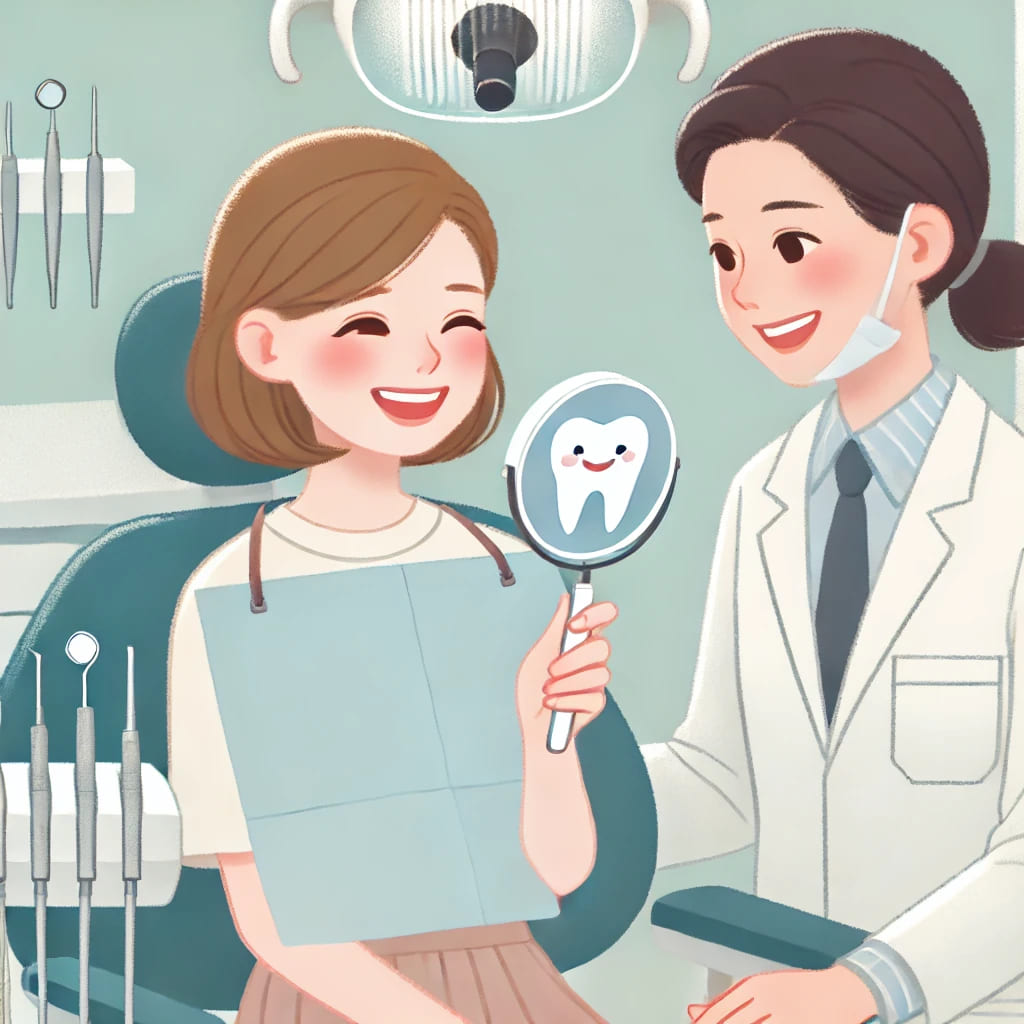 ホワイトニング施術後、白くなった歯を見てニコニコの女性