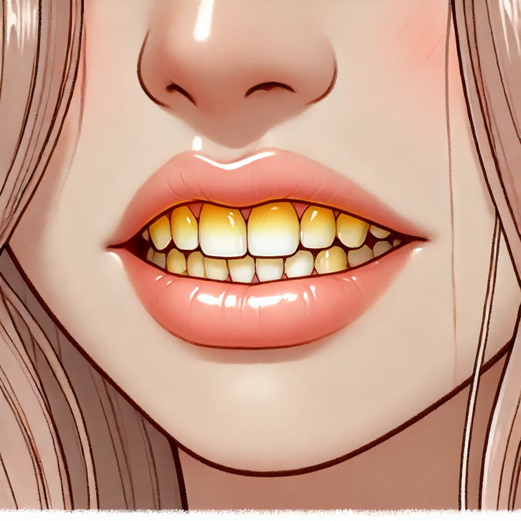 茶渋で黄ばんだ歯の女性