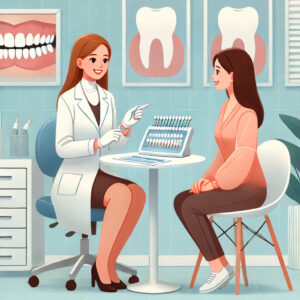 オフィスホワイトニングのカウンセリングをしている歯科医師と患者の女性