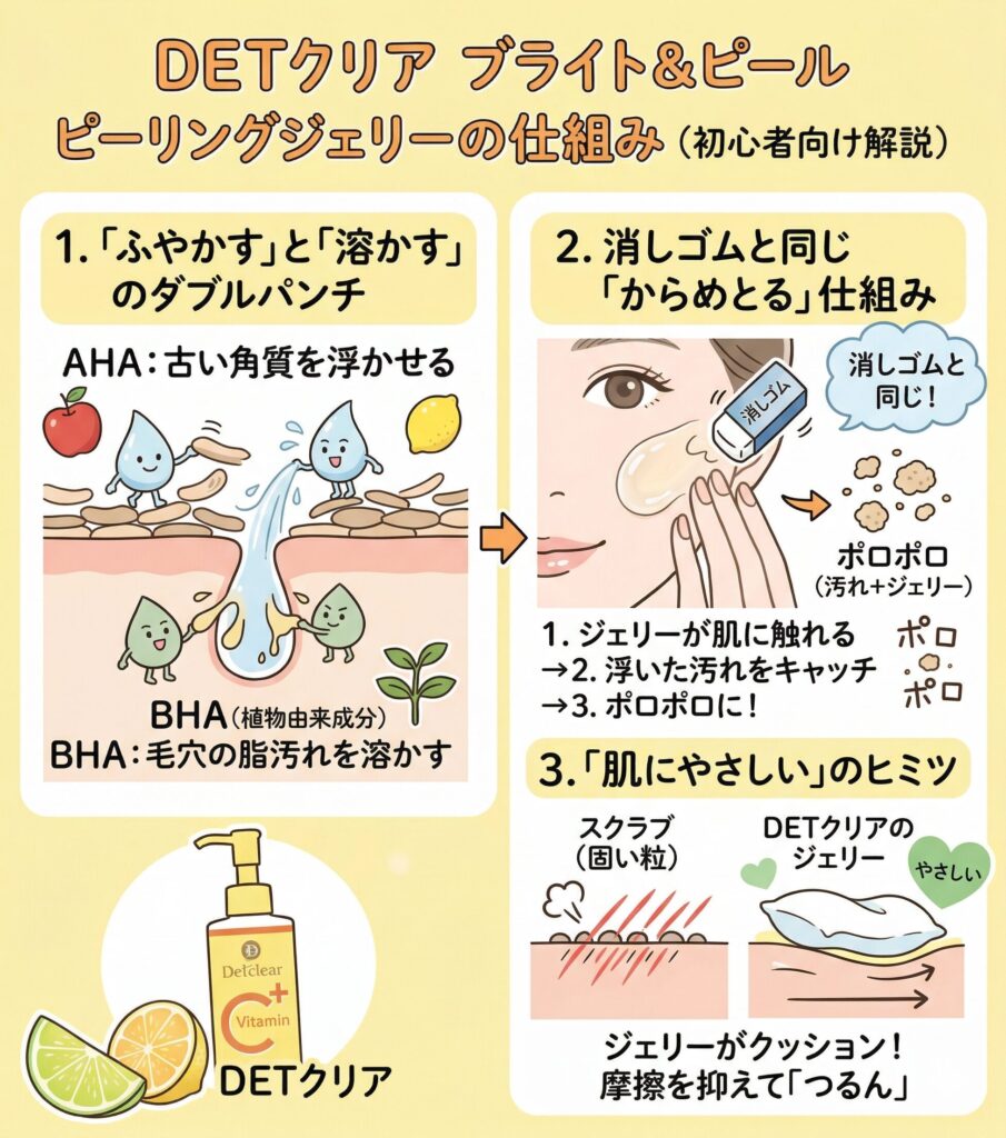 DETクリア ブライト&ピーリングジェリーは効果ある?AHA/BHAの最強の毛穴ケア DETクリアブライト&ピール ピーリングジェリーが角質をぽろぽろ落とせる理由