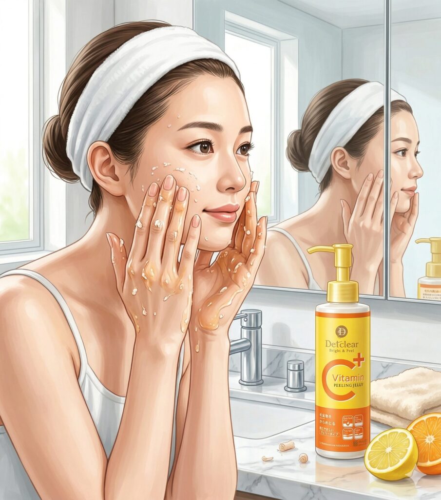 DETクリア ブライト&ピーリングジェリーは効果ある?AHA/BHAの最強の毛穴ケア DETクリア ブライト&ピール ビタミンフルーツの香りで洗顔している女性